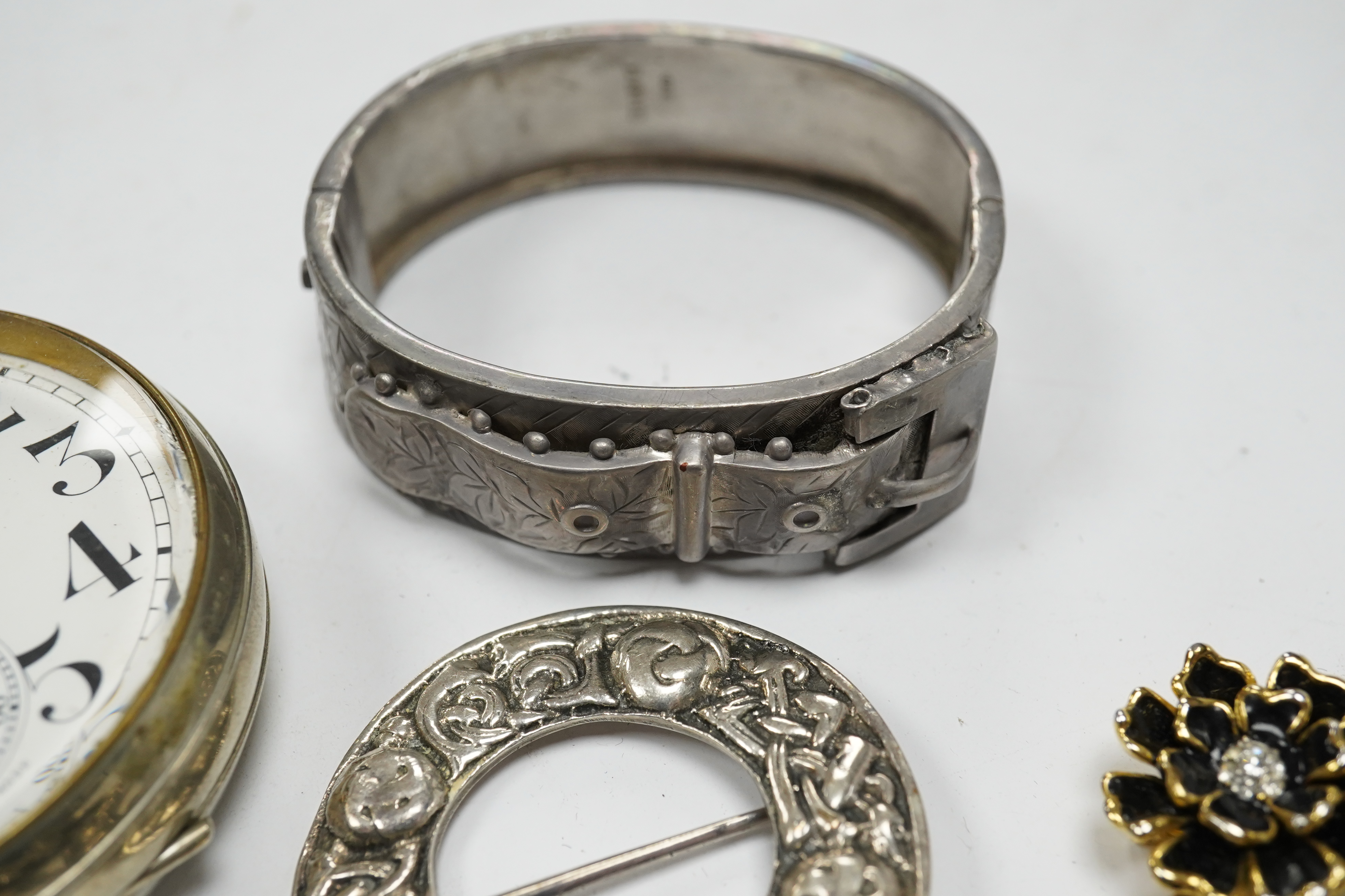 Assorted jewellery etc. including a silver bangle, a white metal Celtic style brooch and a Weir & Son nickel cased pocket watch. Condition - poor to fair to good.